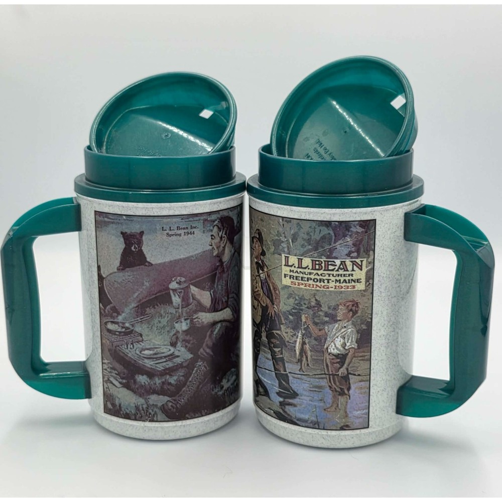 Vintage LL BEAN Plastic Travel Coffee Mug Thermo Cup 2 Sided Whirley Made in USA